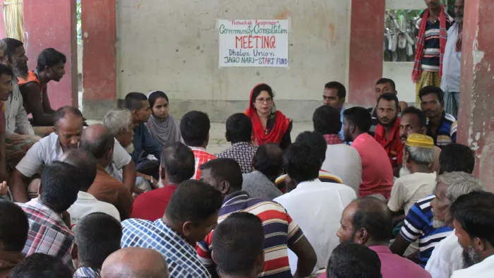 Start Fund Bangladesh member Jago Nari conducting a meeting with communities